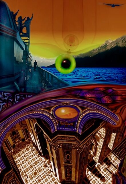 "ship~passenger", digital painting David Engstrøm, plate from The Dialogue of Clockmasters Series, 2005-2020.